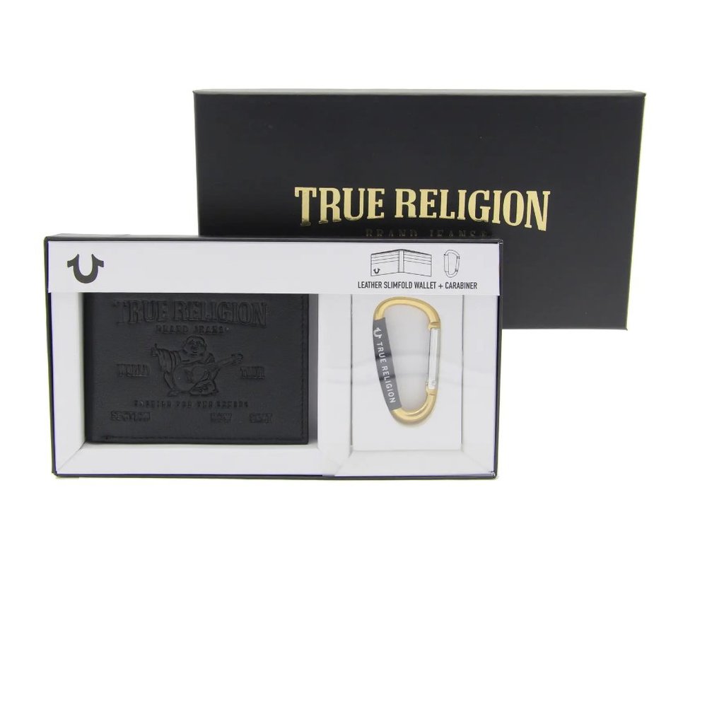 TRUE RELIGION BRAND JEANS Sunter Wallet & Carabiner Gift Set. NWT. BLACK